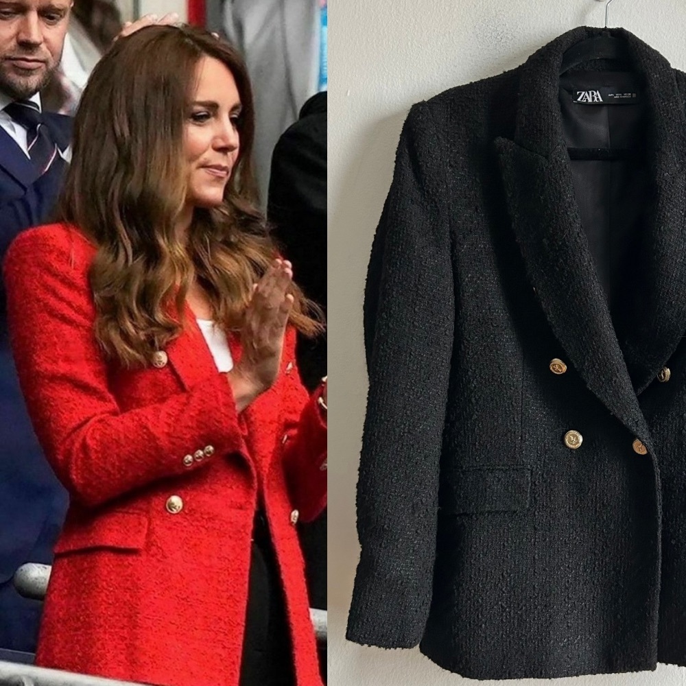 Zara Sz L Blogger Favourite Tweed Black Tailored Gold Button Blazer